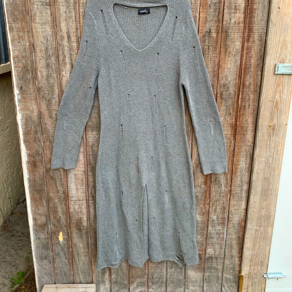 Modx knitted long sleeve distressed sweater dress